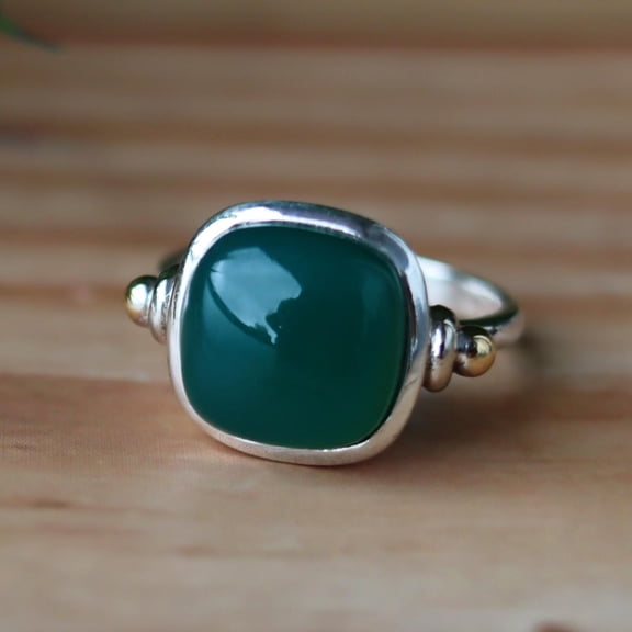 ELANZAA JEWELS- Green Onyx Ring Cushion Cut Gemstone | Handcrafted Silver Statement Jewelry, Boho Minimalist Style