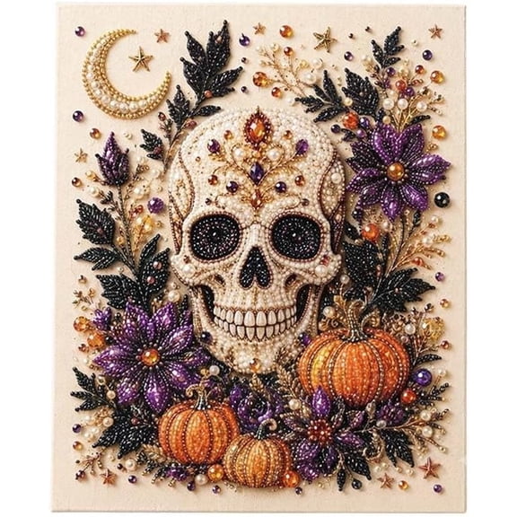 HUJTYs Halloween Ghost Pearl Art DIY Kit, Crystal Pearl 3D Diamond Painting Craft Kit, DIY Mosaic Wall Art for Halloween Home Decor, Framed Fall Seasonal Decoration for Adults (Skull)