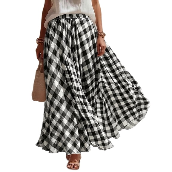 YuXingFu Womens Skirts with Pockets Women's Elegant Plaid Print High Waist Pleated Maxi Skirt Casual Flowy Chiffon Long Skirt Black S