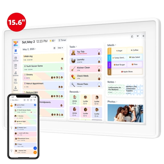 Bluvall 15.6In Family Digital Calendar Wall & Chore Chart Touchscreen No Subscription,Fridge Smart Electronic Calendar,Planner Sync Display,Switchable Photo Frame,White