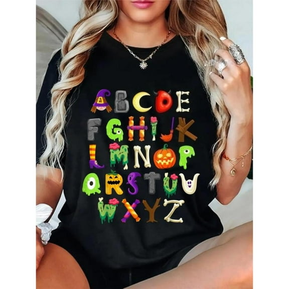 Teacher Halloween Tee ABCs Learning Alphabet Graphic Funny Short Sleeve Round Neck Top Cotton Black S-5XL