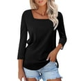 thumbnail image 2 of Black Womens Tops Women's Fashionable and Casual Solid Color Square Neck Three Quarter Sleeve Top T Shirts for Women, 2 of 5