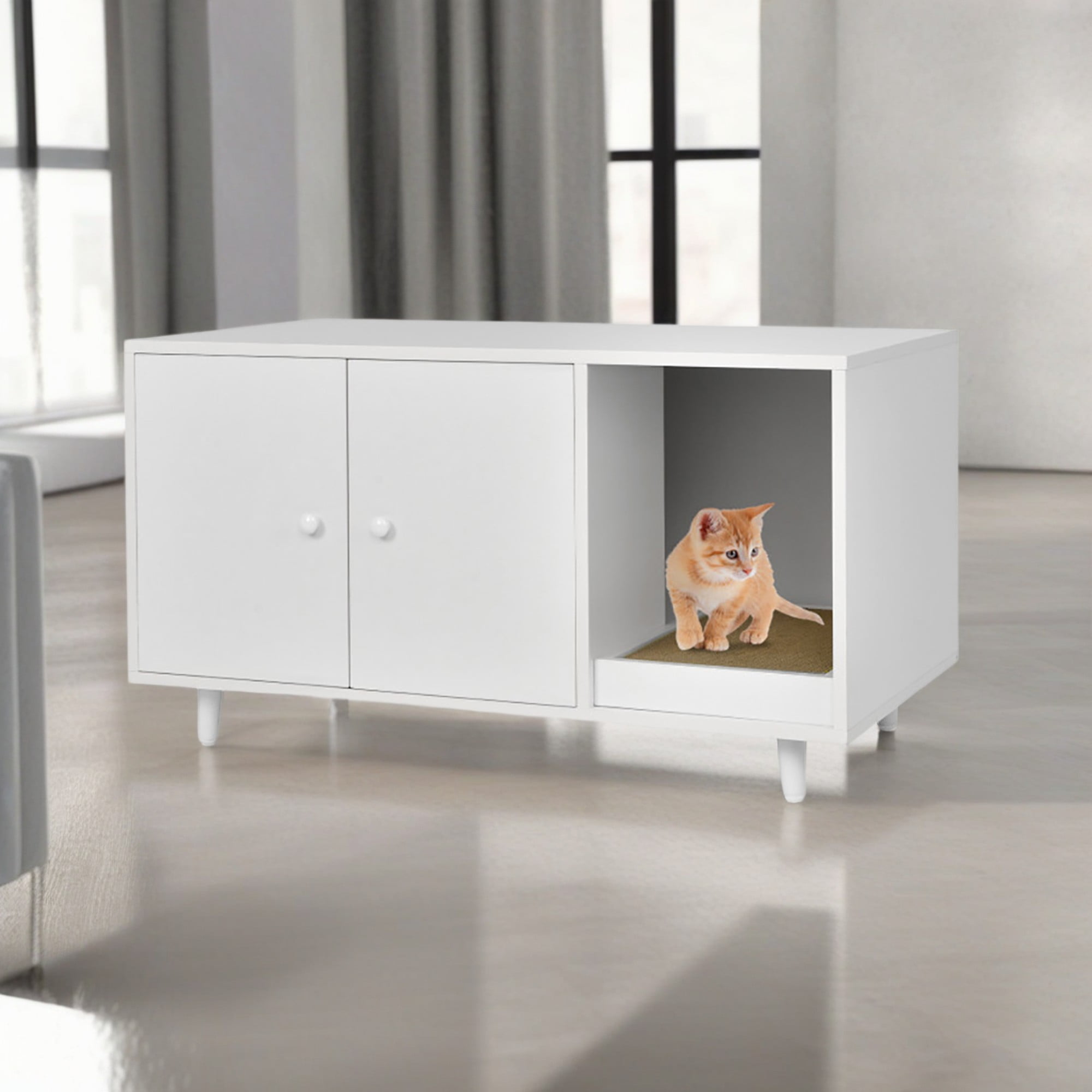 Kadyn 35" Hidden Cat Litter Box Enclosure with Divider and Double Doors, Cat House Washroom Furniture, White