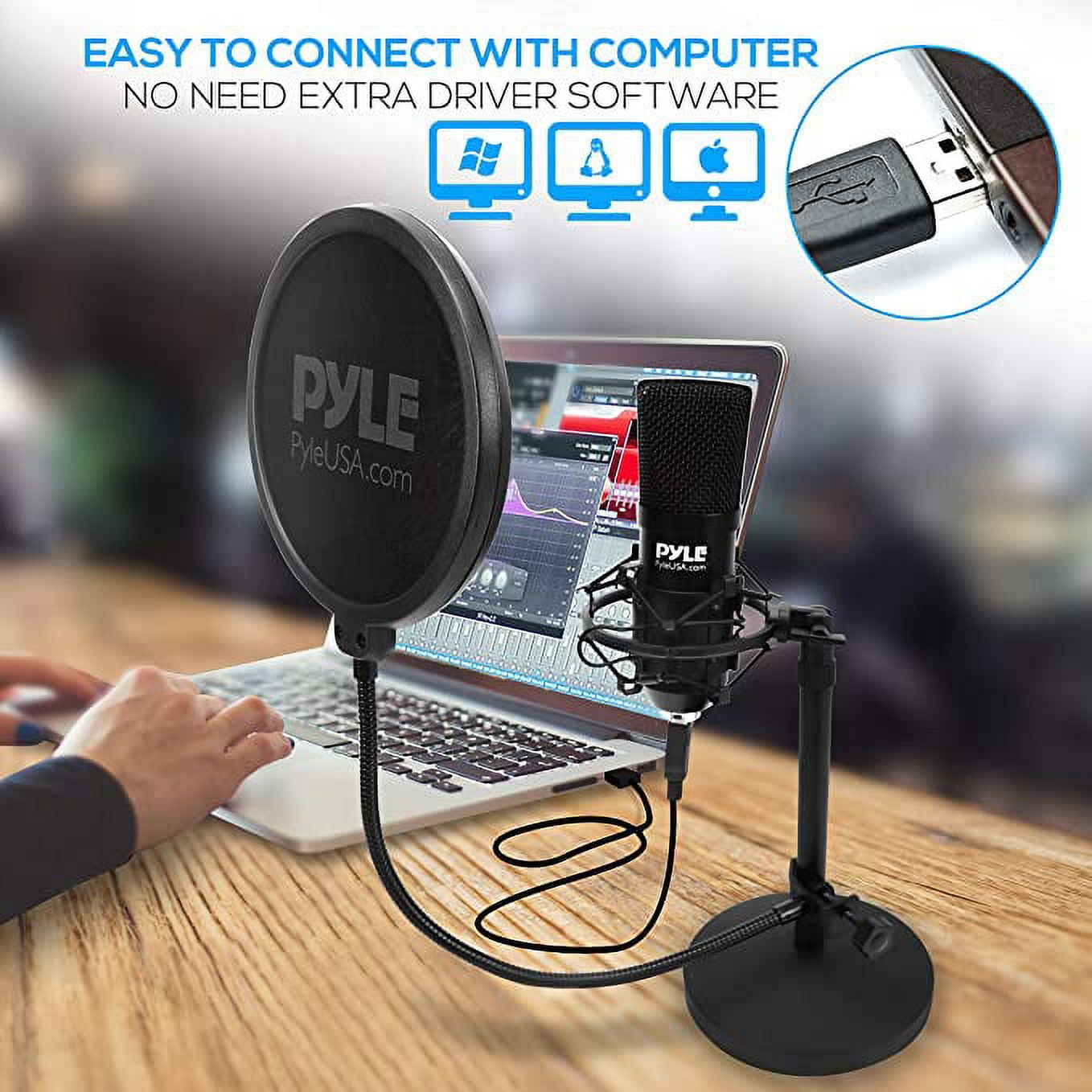 Pyle USB Microphone Podcast Recording Kit Audio Cardioid Condenser Mic w/Desktop Stand & Pop Filter