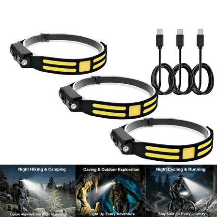 3Pack LED Rechargeable Headlamp for Head, High Lumen Head Light with Motion Sensor, Hands-Free Reading Light for Camping, Hiking, Running & Emergency Use