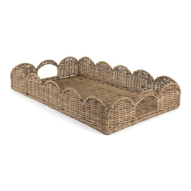happimess TRY1000A Scalloped 21.5" Southwestern Cottage Hand-Woven Rattan Tray with Handles, Brown