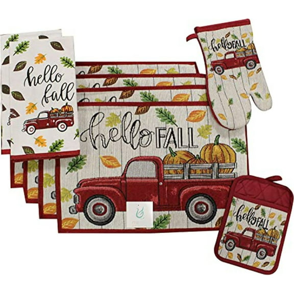 Set of 8, Red Antique Truck and Pumpkin Quote Hello Fall Design Tapestry Kitchen Towel Set, Include 4 Placemats, 2 Kitchen Towels, Potholder  Oven mitt.