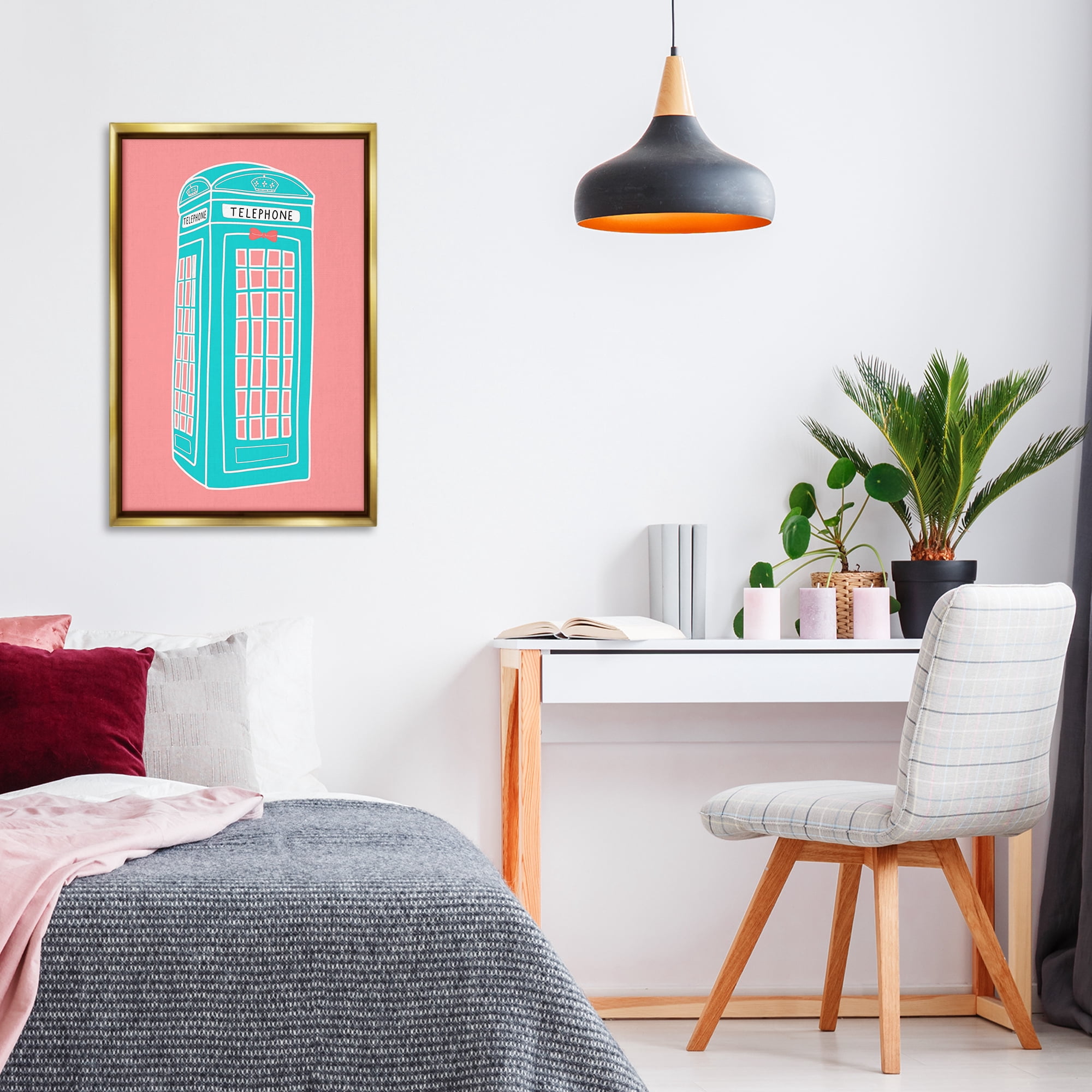 Stupell Industries Pastel Telephone Booth Abstract Painting Gold Floater Framed Canvas Art Print Wall Art, 21 x 31