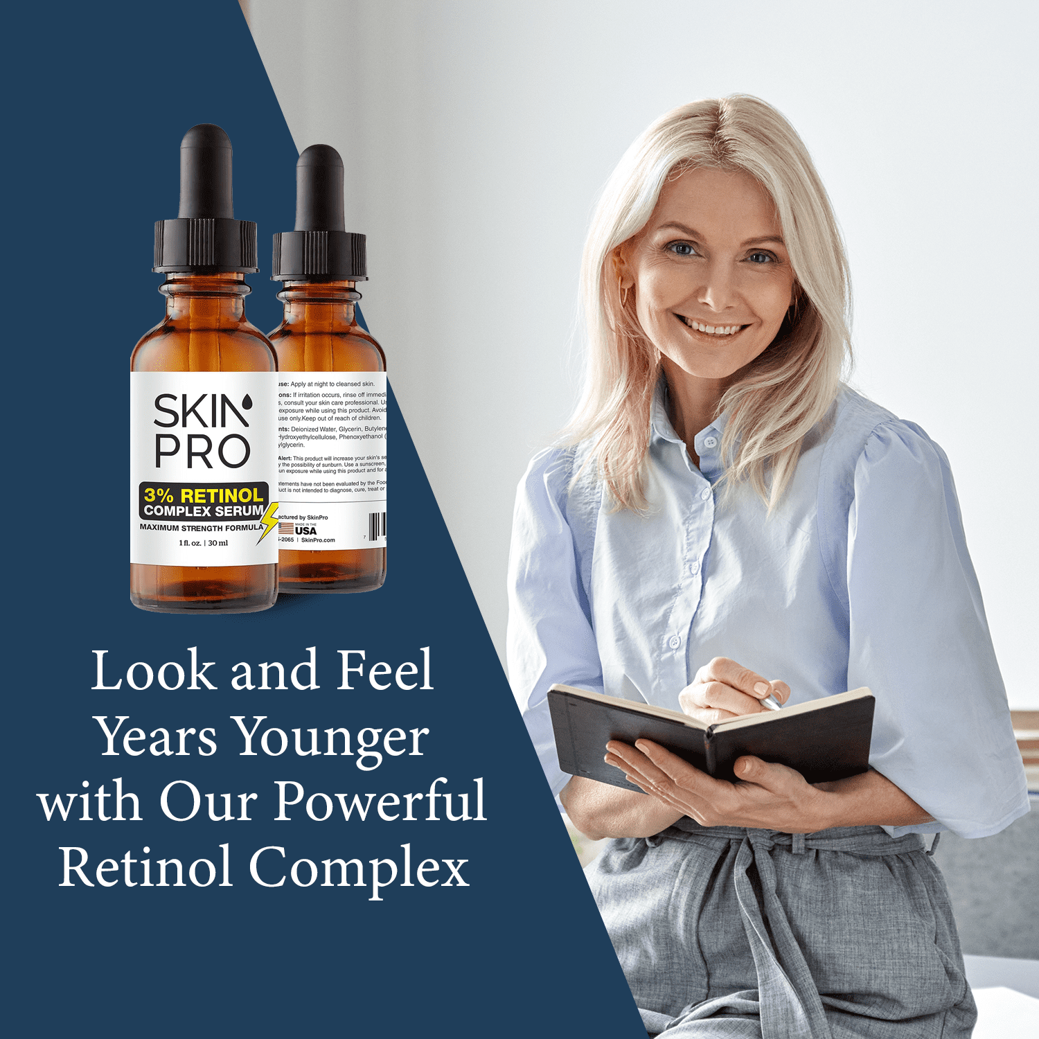 SkinPro Retinol Serum for Face - Anti Aging Face Serum for Dark Spots, Fine Lines and Wrinkles, 3% Retinol Complex Skin Renewing and Resurfacing Night with Hyaluronic Acid - 30 ml