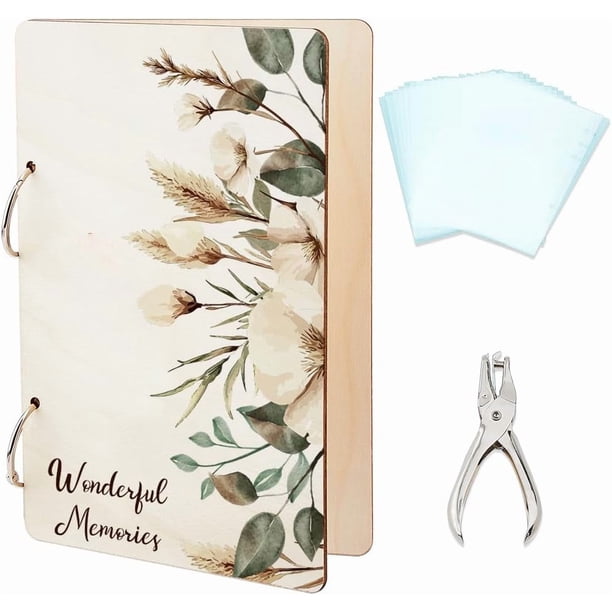Organizador de tarjetas de felicitación Wonderful Memories con diseño de flores y hojas, de madera, con dos anillas, 20 bolsillos interiores y perforador.