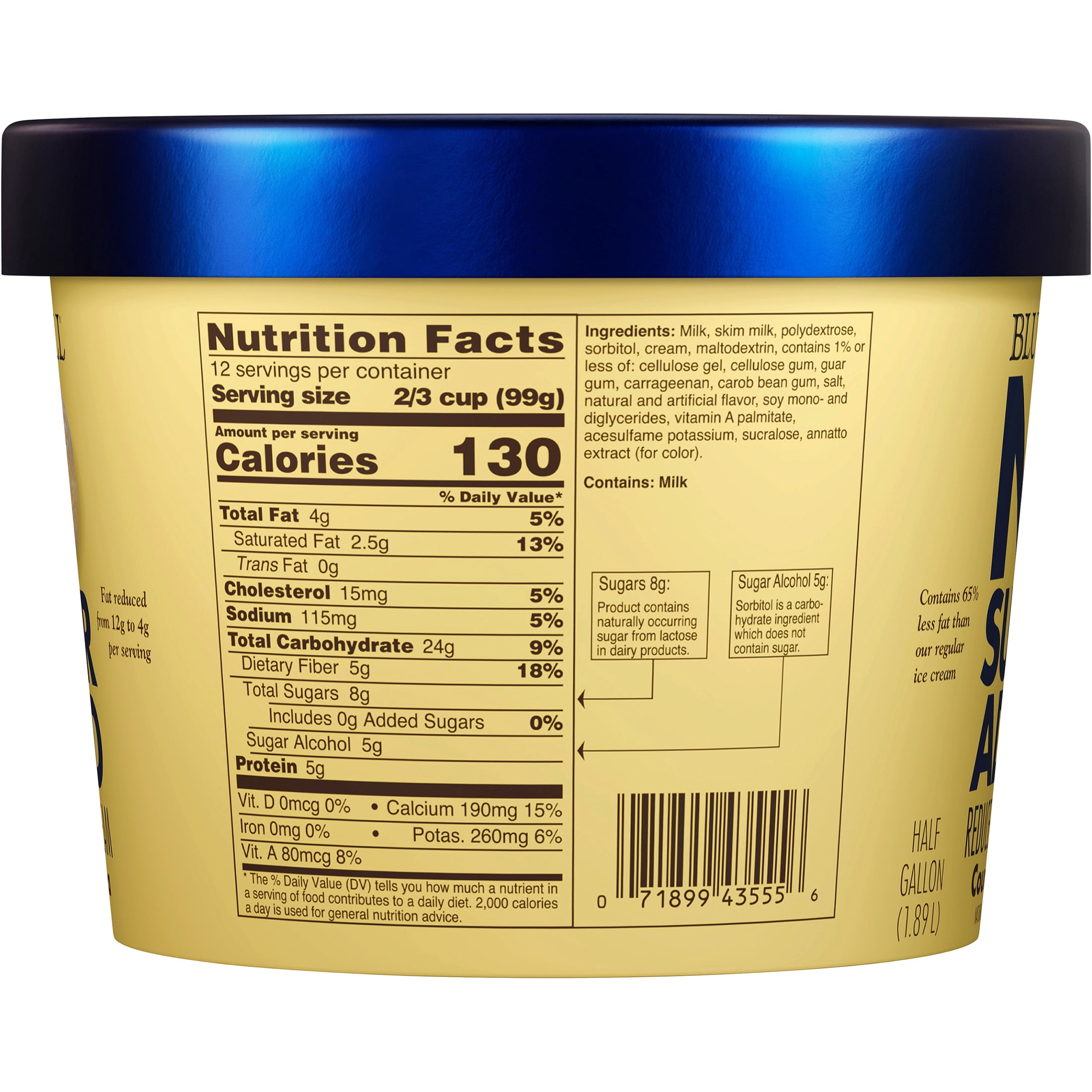 Blue Bell No Sugar Added Country Vanilla Reduced Fat Ice Cream Half Gallon, 64 fl oz