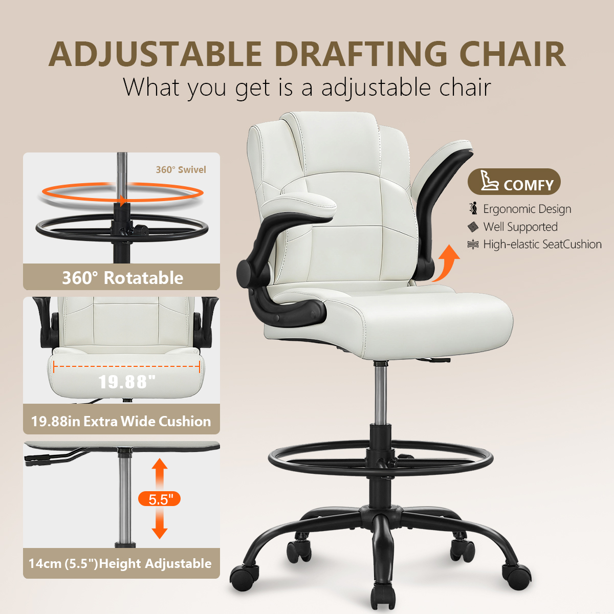 JONPONY 500 lbs Tall Office Chair with Flip-up Armrests for Standing Desk Executive Ergonomic Computer Leather Desk Chair with Lumbar Support, Adjustable Foot Ring for Home,WHITE