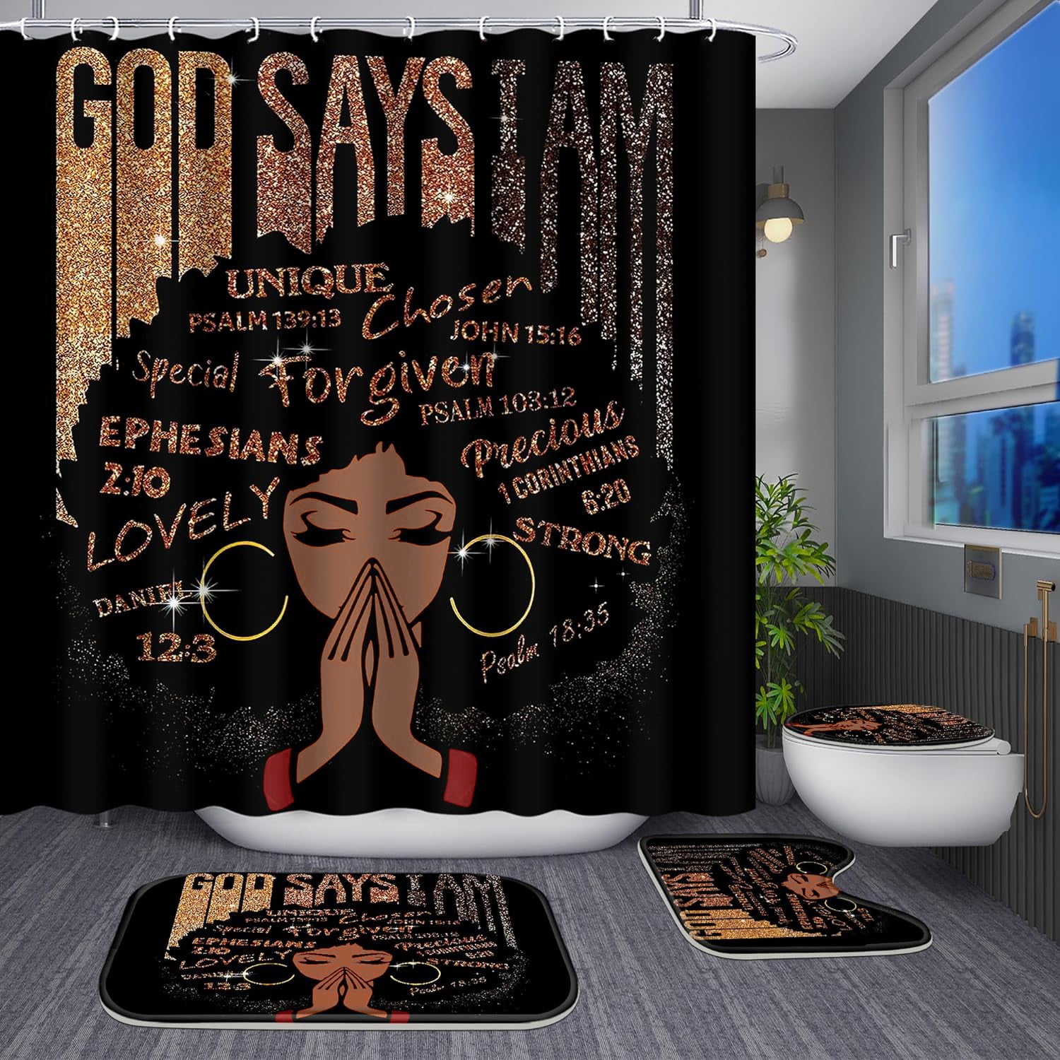 FRAMICS Black Girl with Glitter Quotes Pattern Polyester Shower Curtain and Rug Sets, 16 Pc Bathroom Sets with Non-Slip Mats, Waterproof Shower Curtain with 12 Hooks and Toilet Rugs