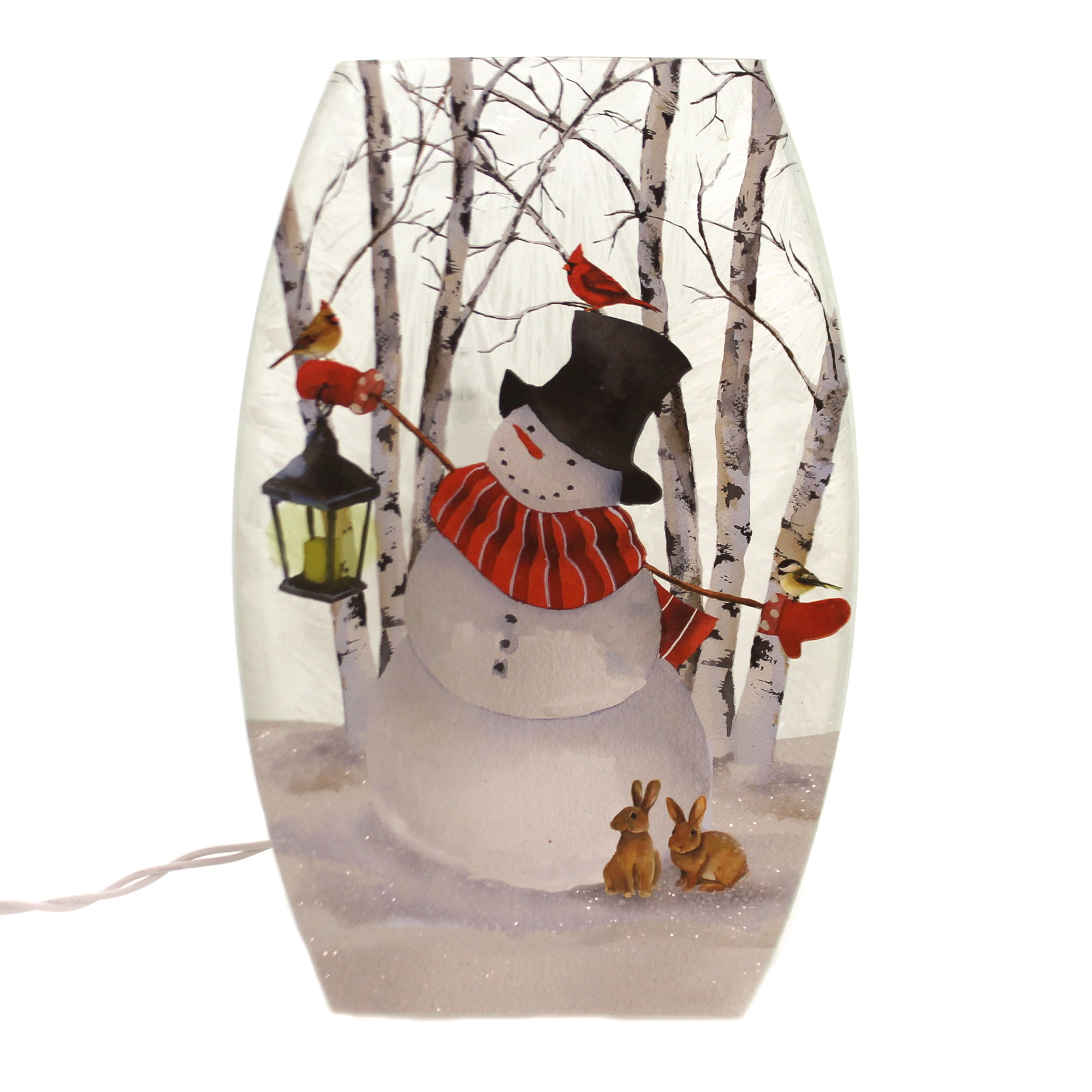 Snowman & Cardinals Lighted Narrow Glass 8" Vase by Stony Creek