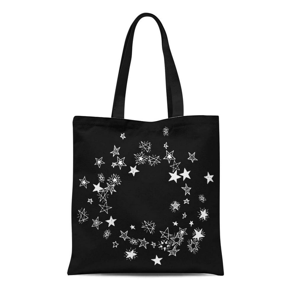 ASHLEIGH Canvas Tote Bag Stars Black and White Starry Doodle Pattern