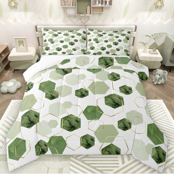Manfei Chic Honeycomb Adult Full Size Comforter Sets, Green Art Watercolor Bedding Comforter Set, Fashion Abstract Ombre Bedding Sets, Breathable Home Decor, 3 Pieces