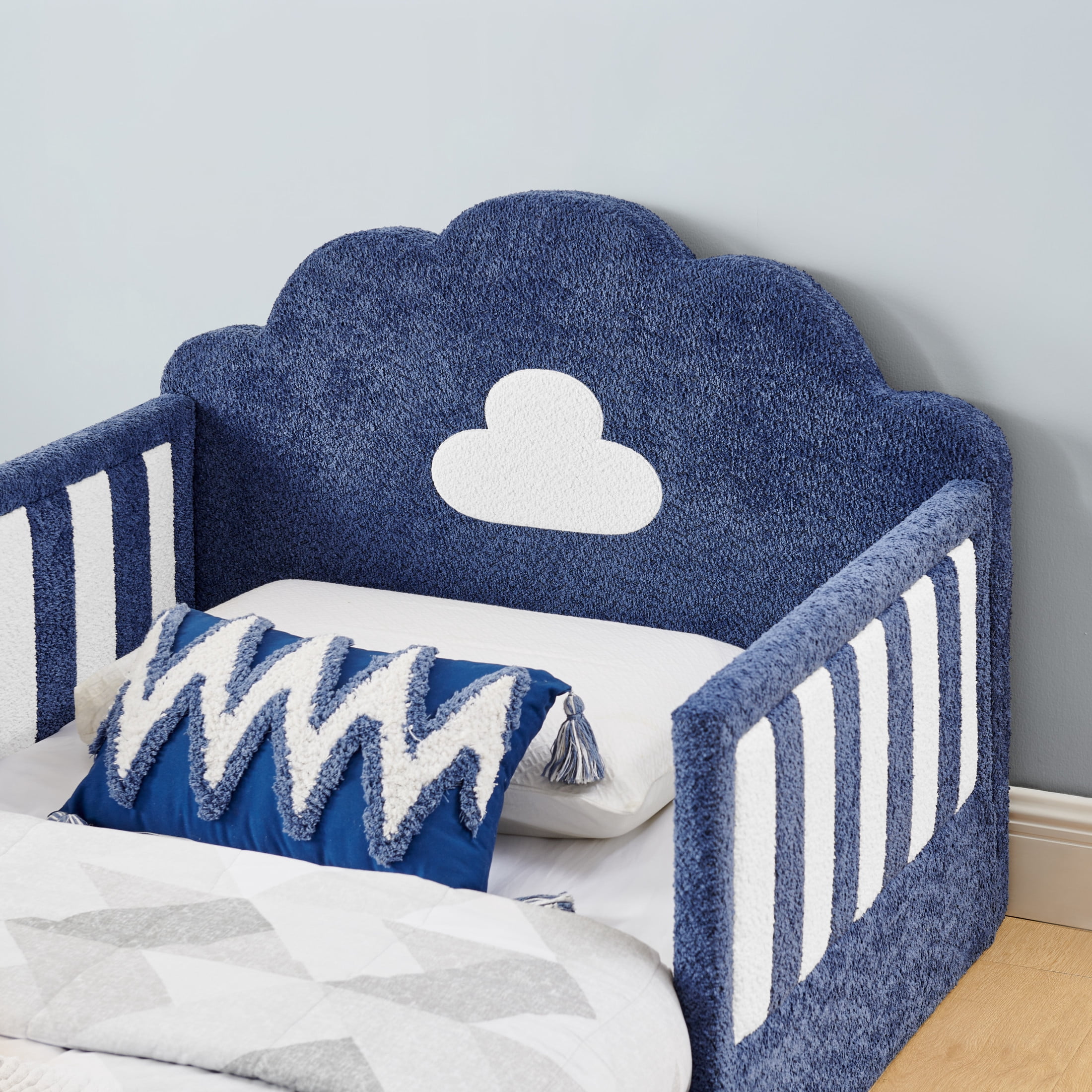 GDF Studio Arvion Twin Size Cloud Bed with Safety Guardrails & Solid Wood Frame, Boucle Fabric Upholstered Bed, Navy