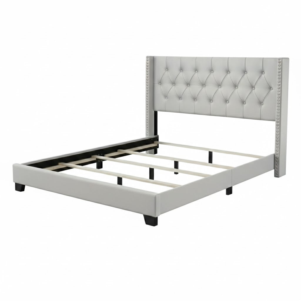 Home Design Brady Full Tufted Wingback Upholstered Panel Bed Frame, Silver Faux Leather