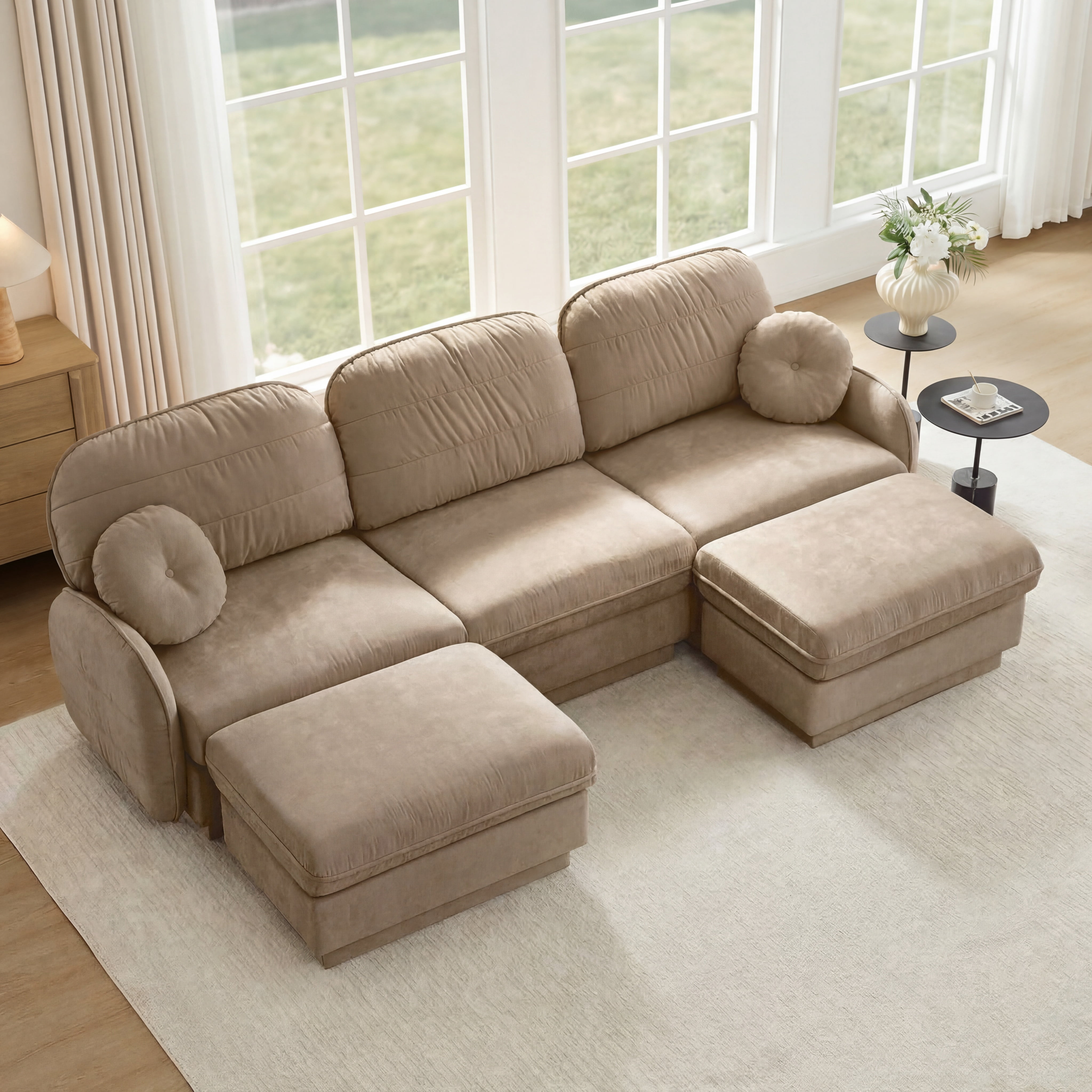 Mintazer 105" Chenille Cloud 3-Seater Modular Sectional Sofa with 2 Movable Ottoman & Round Pillows, U-Shaped Ergonomic Sofa Couch for Living Room, Apartment, Light Coffee