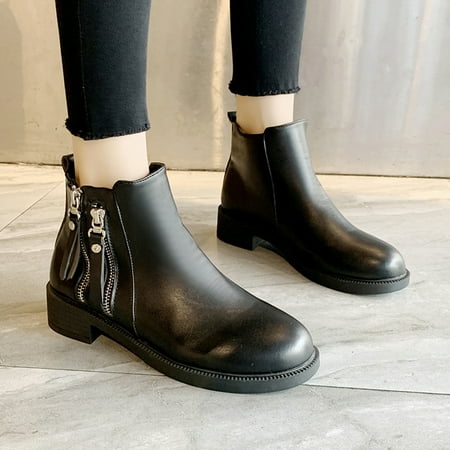

ZMHEGW Boots For Women Artificial Leather Solid Color Autumn Thick Sole Square Heels Zpper Short Booties Round Toe Boots Shoes