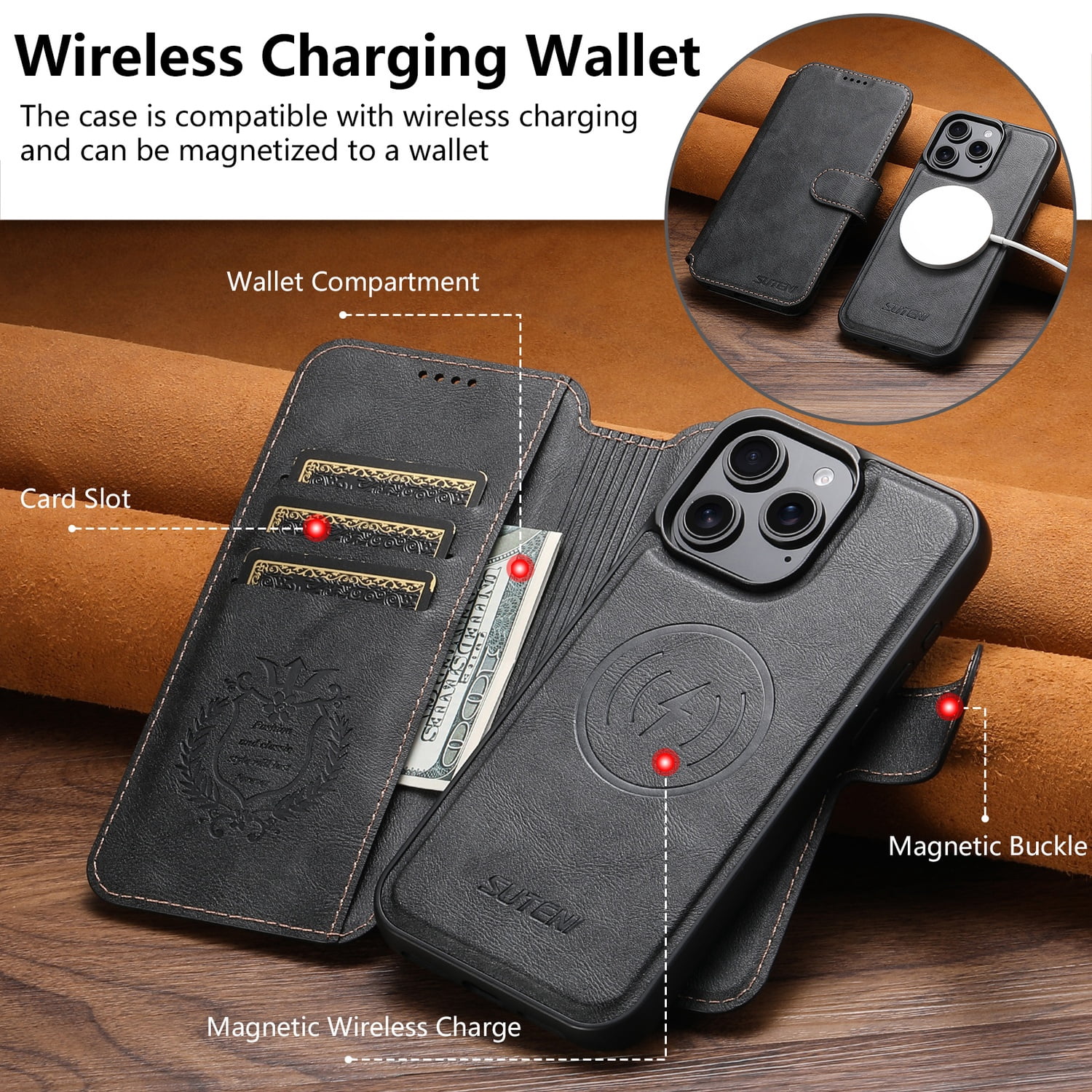 for iPhone 14 Pro Max Detachable Wallet Case, PU Leather Magnetic Cover Support Wireless Charging & Magnetic Car Mount, Card Slots Holder, Flip Stand, Folio Full Body Protective Phone Shell, Black
