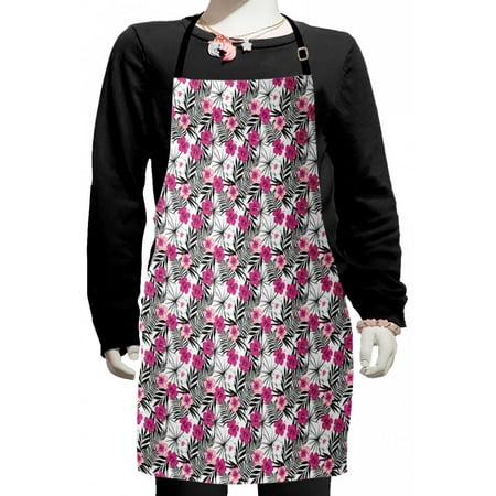 

Tropical Kids Apron Pink White Hibiscus Flowers on Monochromatic Background of Leaves Boys Girls Apron Bib with Adjustable Ties for Cooking Baking Painting Charcoal Grey Magenta by Ambesonne