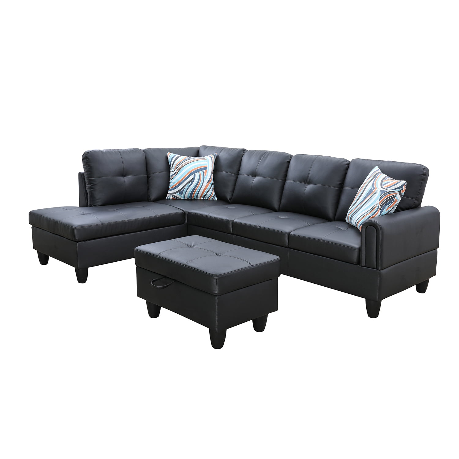 Hommoo Faux Leather 3-Piece Couch Living Room Sofa Set, L Shaped Couch for Small Space, Black(Without Ottoman)