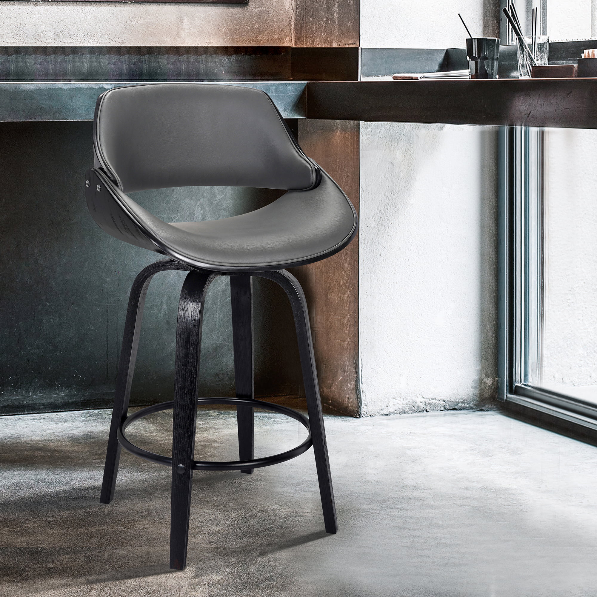 Mona Contemporary 26 Counter Height, Gray Leather Swivel Counter Stools With Backs