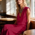thumbnail image 5 of Womens Cotton Linen 2 Piece Outfits Summer Casual V Neck Sleeveless Tops Wide Leg Long Pants Casual Set with Pockets, 5 of 7