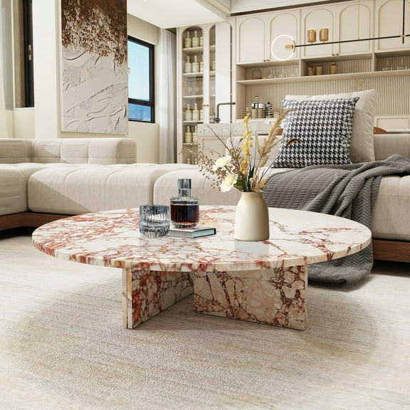 MDQMD Natural Marble Coffee Table for Living Room,Round Coffee Table Minimalist Luxury Center Table with Unique Texture,Pink