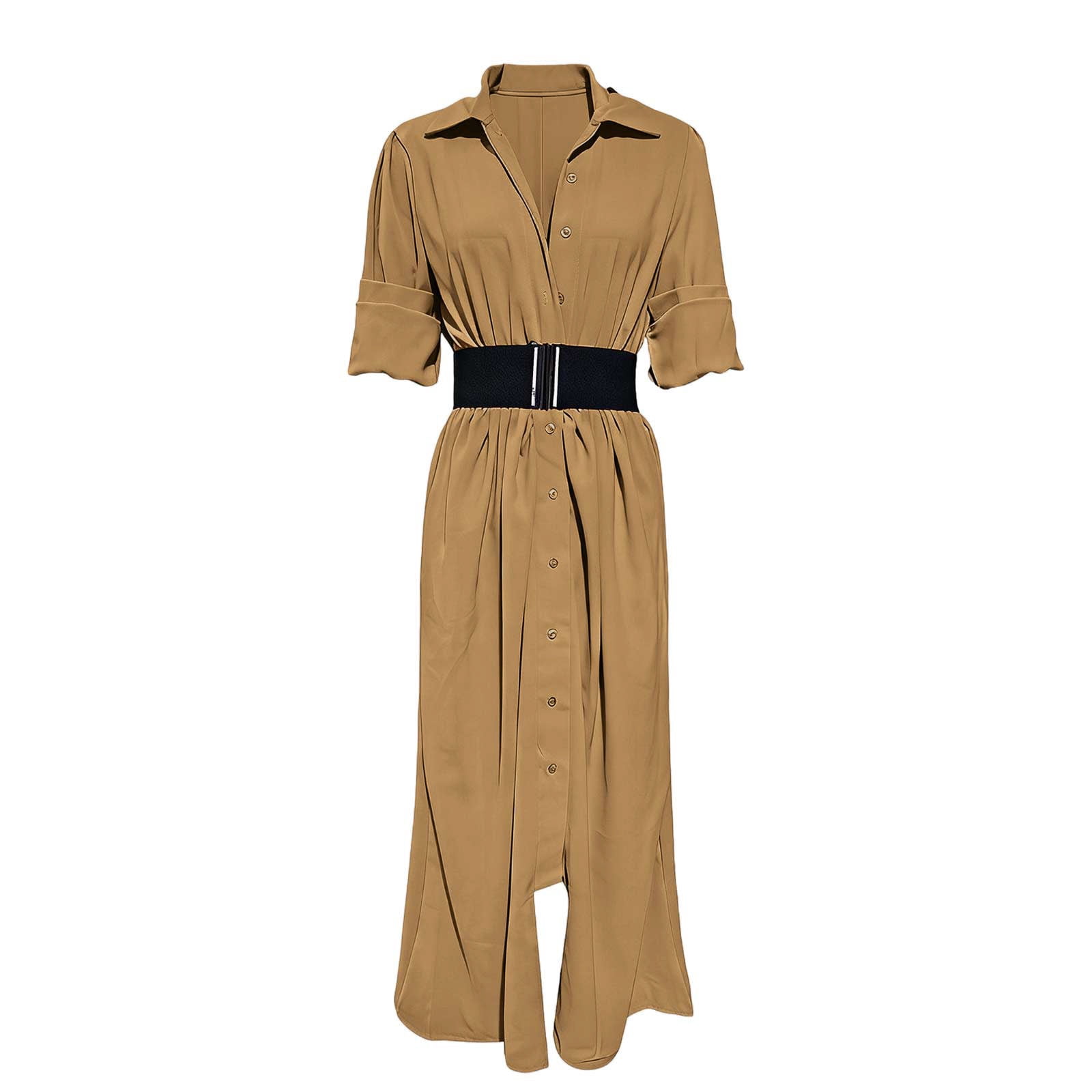 YueHuiYing Women's Single Breasted Shirt Lapel Elegant Belt Slim Fit Pleated Long Sleeves Solid Color Slit Party Dress