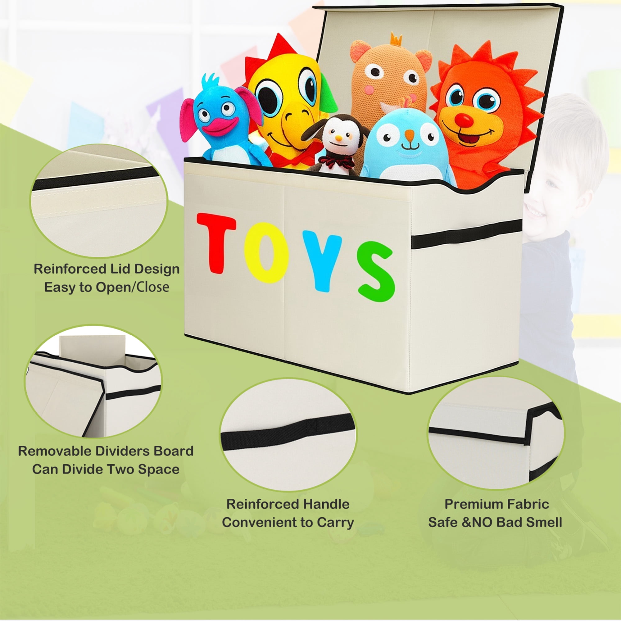 VICTORICH Large Child Collapsible Toy Storage Fabric 32 gal Kids Room Toy Chests, with 1x Extra Large Toy Storage Box with Lid, Beige