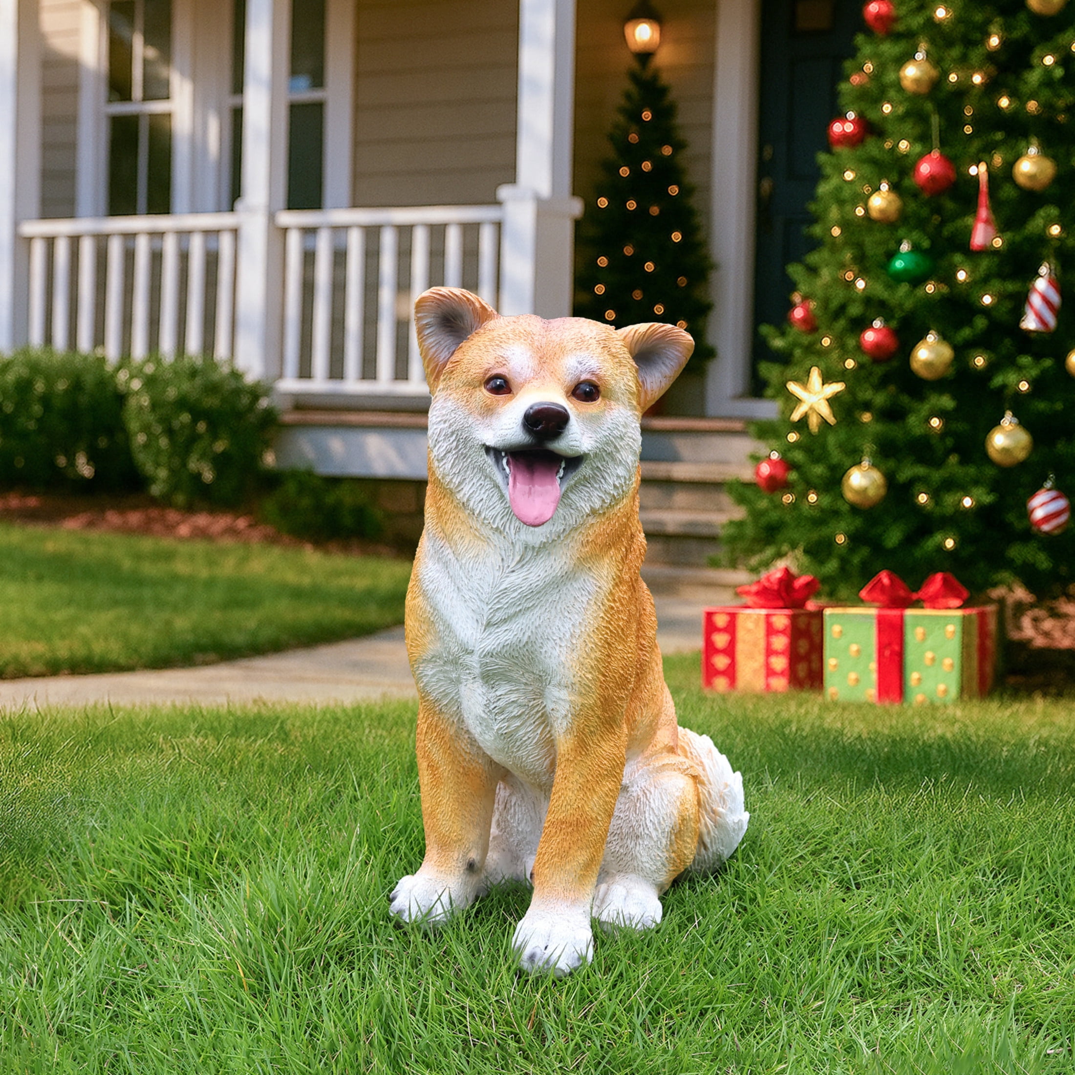 Noble House Lifelike Sitting Shiba Inu Statue, Realistic Resin Animal Figurine for Outdoor Garden Decor, Brown White