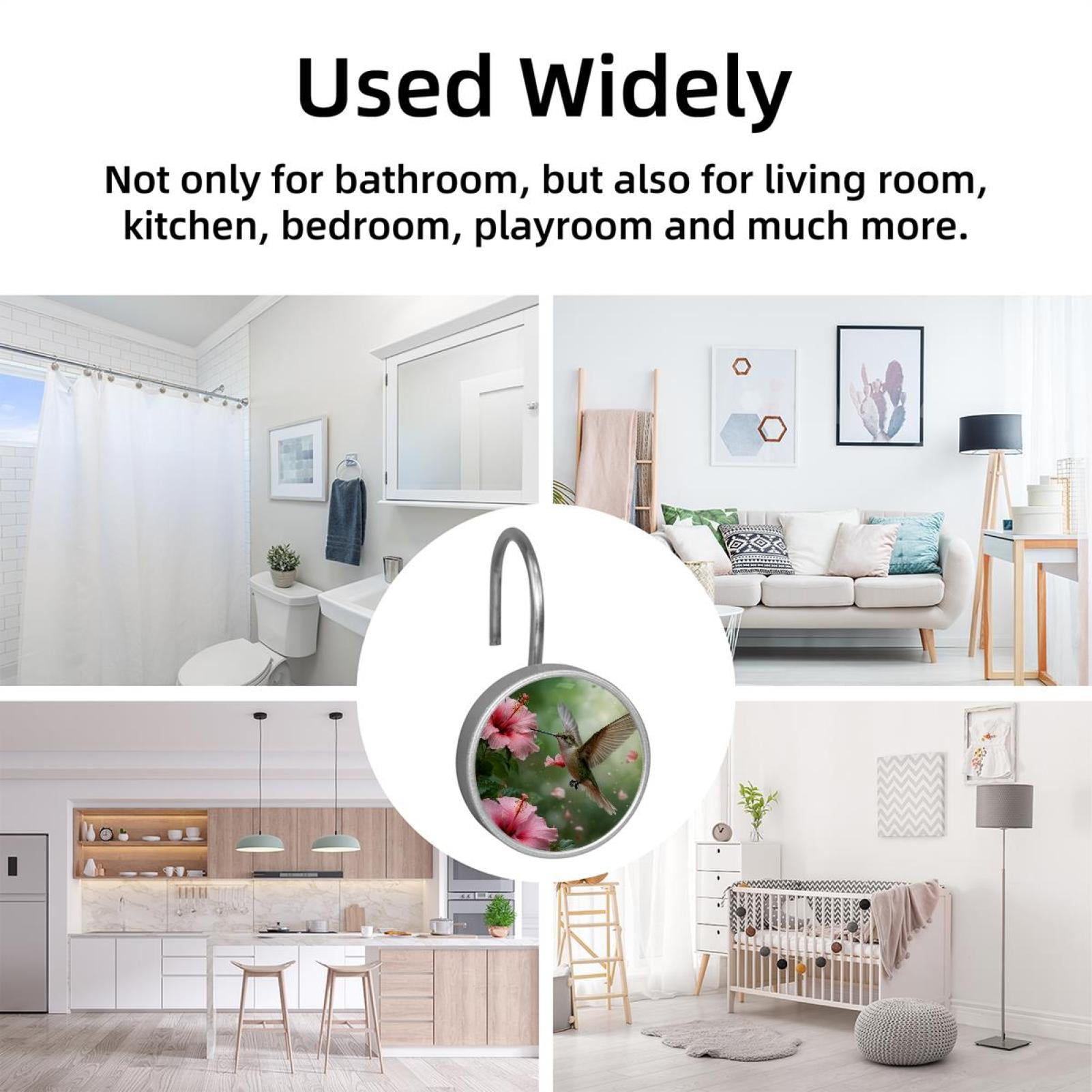 Imobaby 12 Pcs Metal Shower Curtain Hooks Rust Proof for Shower Curtain Liner - Pink Lily Hummingbird