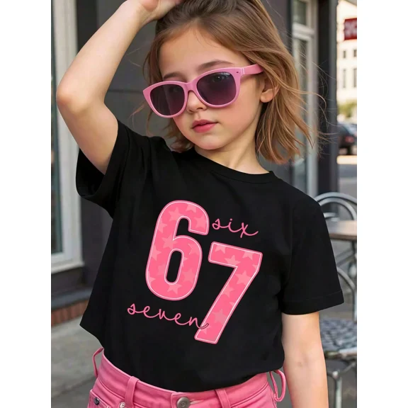 children's wear Girls Black Short Sleeve Graphic T-Shirt Pink Number 67 Star Print Casual Summer Top for Kids