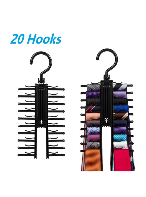 Tie Rack Hanger, EEEkit Tie Rack Holder with 20 Hooks Non-Slip Clips, 360 Degree Swivel, Space Saving Plastic Tie Organizer