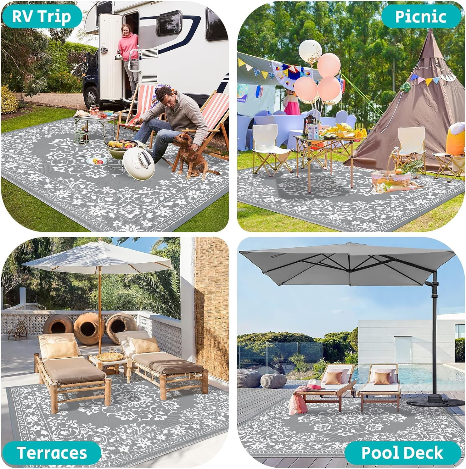 Findosom 8'x10' Boho Mandala Outdoor Rug Patio Rug Large Reversible Plastic Straw Rug RV Outdoor Mat Waterproof Foldable Portable Camping Mat for RV,Patio,Backyard,Deck,Picnic,Beach Gray