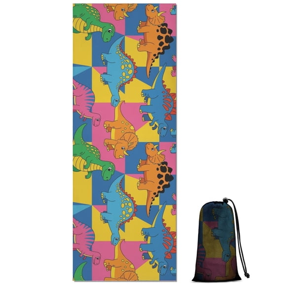 Colorful Cartoon Dinosaurs Geometric Pattern Hot Yoga Mat Towel Non Slip for Hot Yoga - Quick-Drying Yoga Mat Cover with 4 Corner Pockets with Travel Bag - Hot Yoga Towel Non Slip 70"x26"
