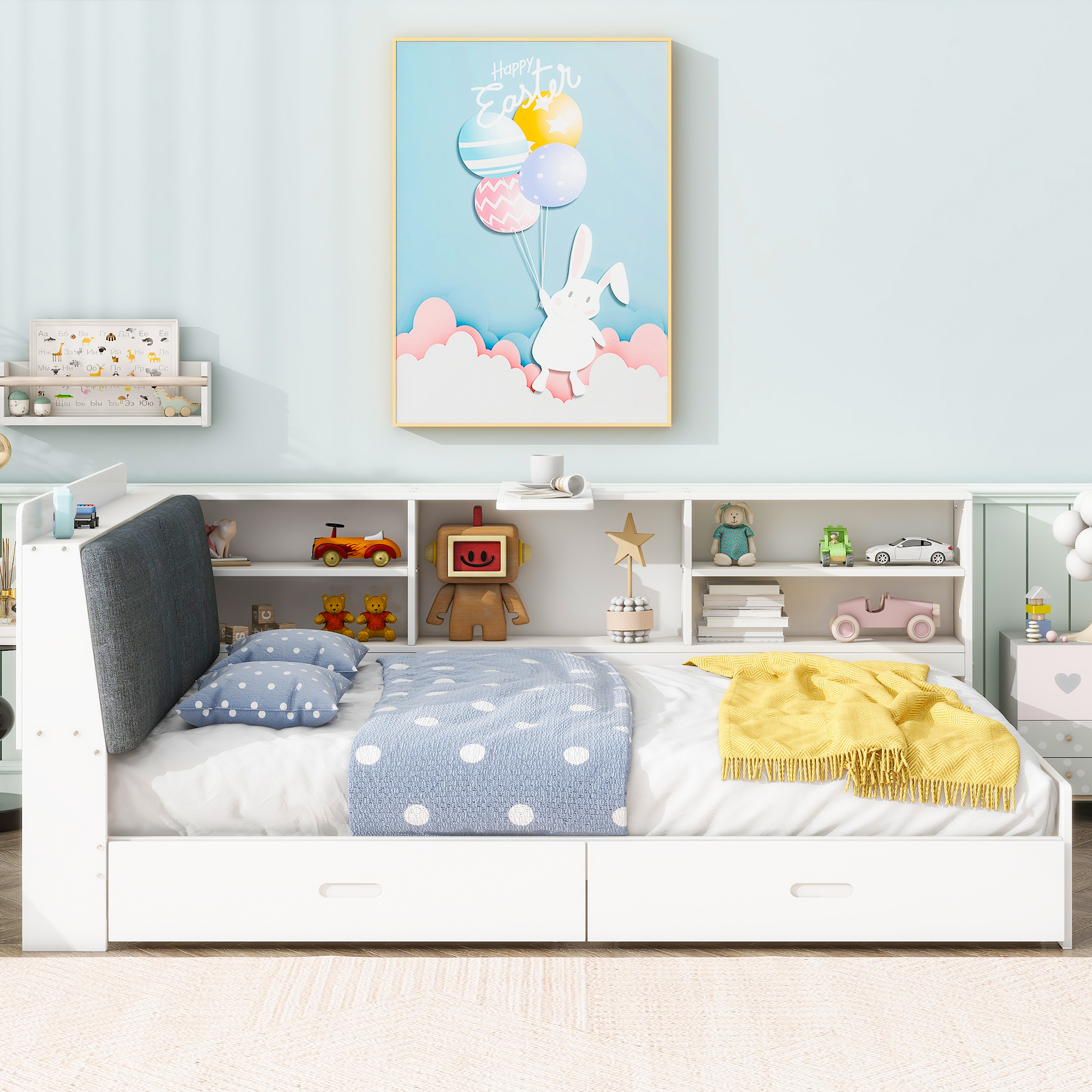 Euroco Wood Full Size Platform Bed with Storage Headboard and Drawers, Movable Shelves, White