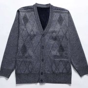 Men's Fleece Lined Sweater Long Sleeve V Neck Button Down Argyle Knit Cardigan Coat Gray 3XL