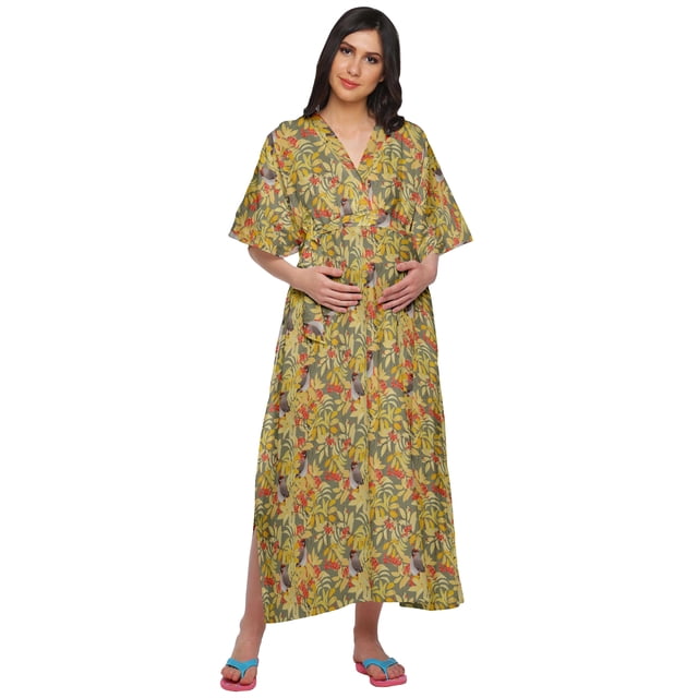 Moomaya Robe Kaftan d'Été pour Femmes en Coton à Boutons, Manches Kimono, Maternité