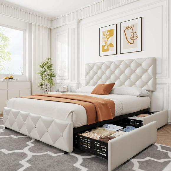 Full Size Bed Frame with 4 Storage Drawers, Faux Leather Upholstered Platform Bed Frame with Adjustable Headboard, Diamond Stitched Button Tufted, No Box Spring Needed, White