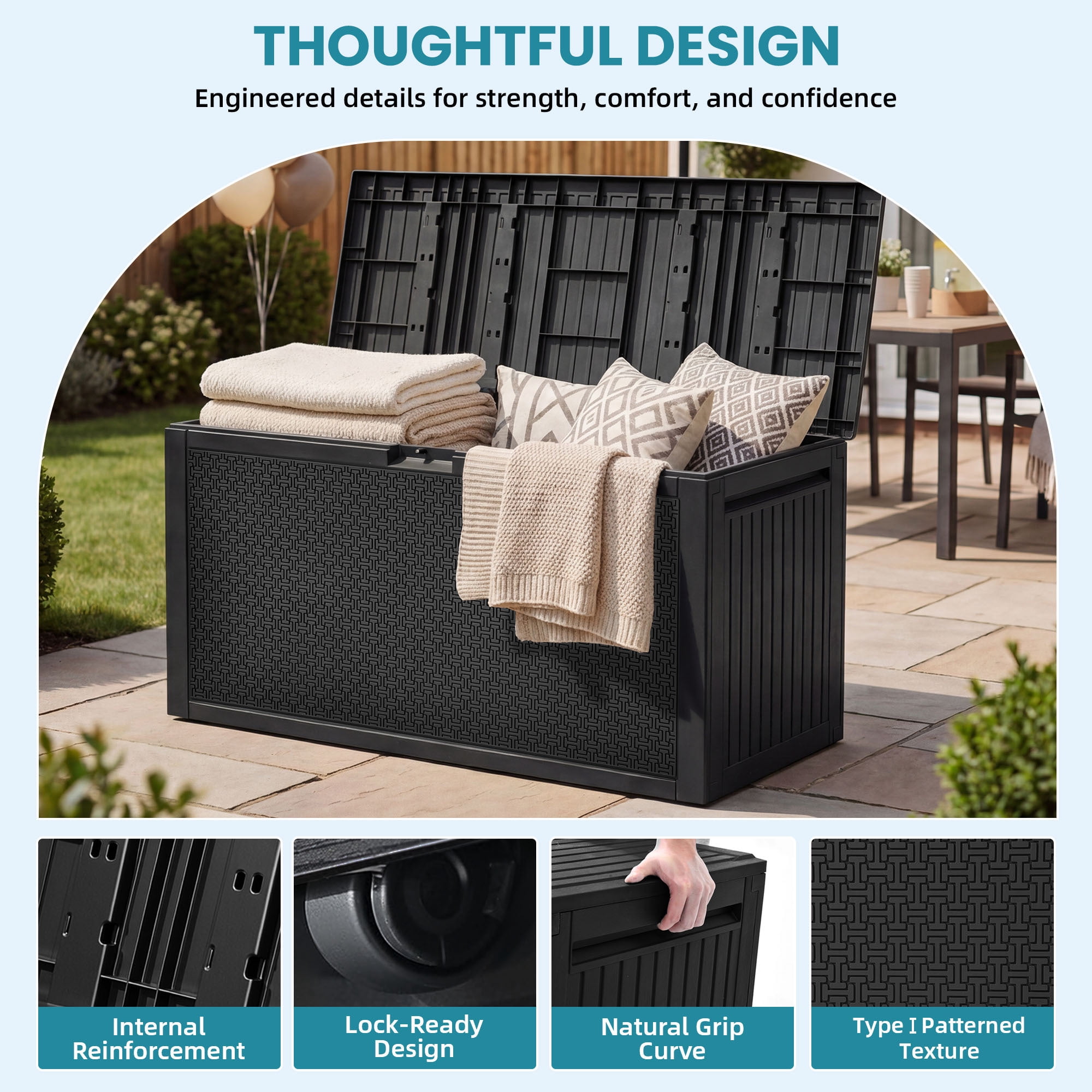 Uforic 90 Gallon Weatherproof Deck Box, UV Resistant Lockable Resin Outdoor Storage Box with Handles, Large Patio Storage Bin for Cushions Garden Tools, Black