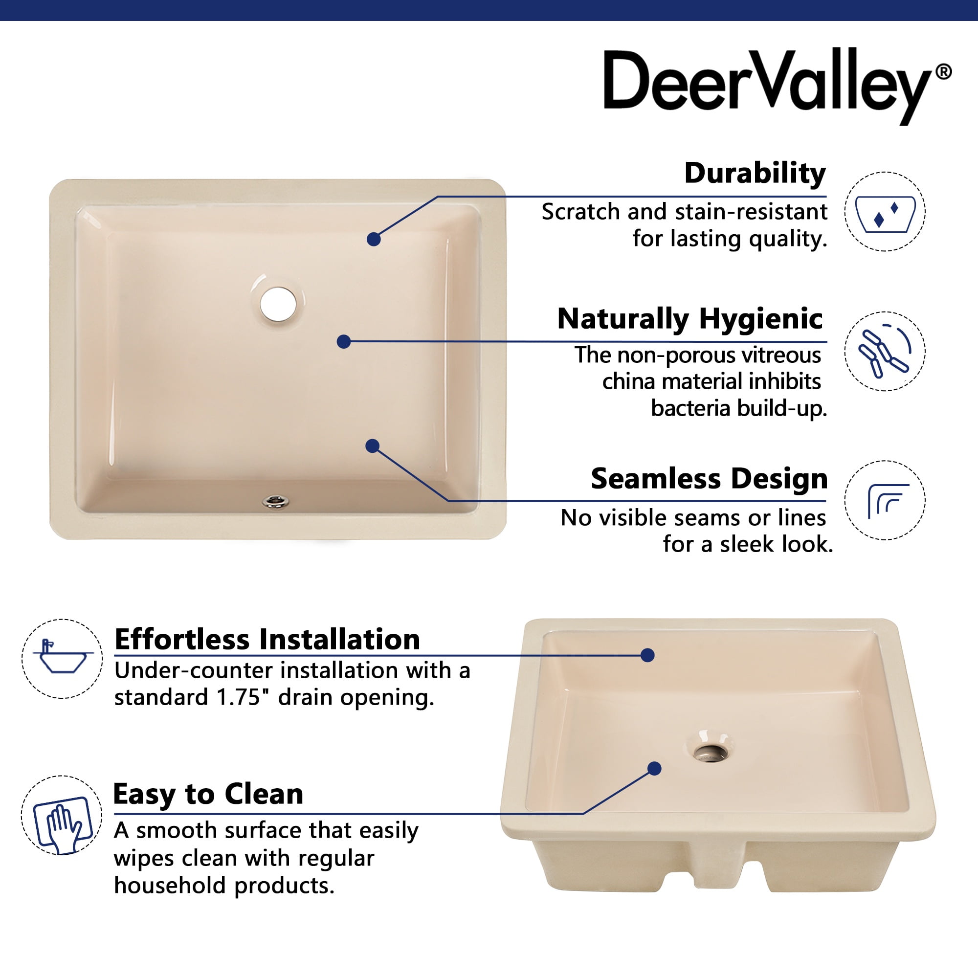 DV-1U201BN DeerValley Ursa 20" X 15.6" Rectangular Vitreous China Undermount Bathroom Sink with Overflow