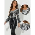 thumbnail image 2 of DARING DIVA Metallic Shimmer Glitter Bishop Sleeve Top Shirt XL Dark Silver, 2 of 6