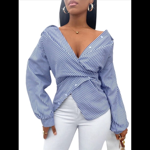 Blusa de Verano para Mujer, , con Rayas y Botones en la Parte Delantera, de Larga. Azul XL