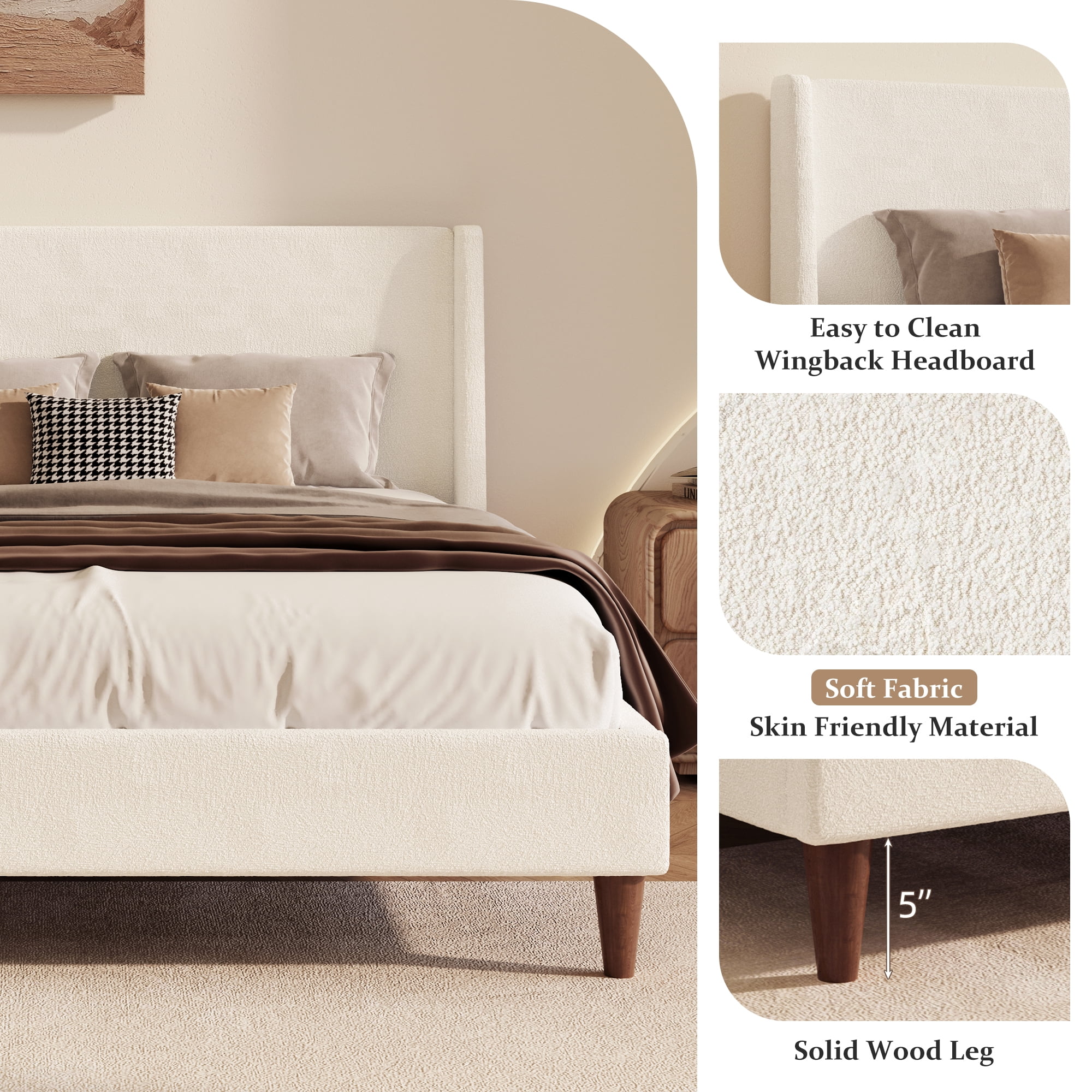 Euroco Modern Queen Size Boucle Upholstered Platform Bed with Wingback Headboard and Wooden Legs