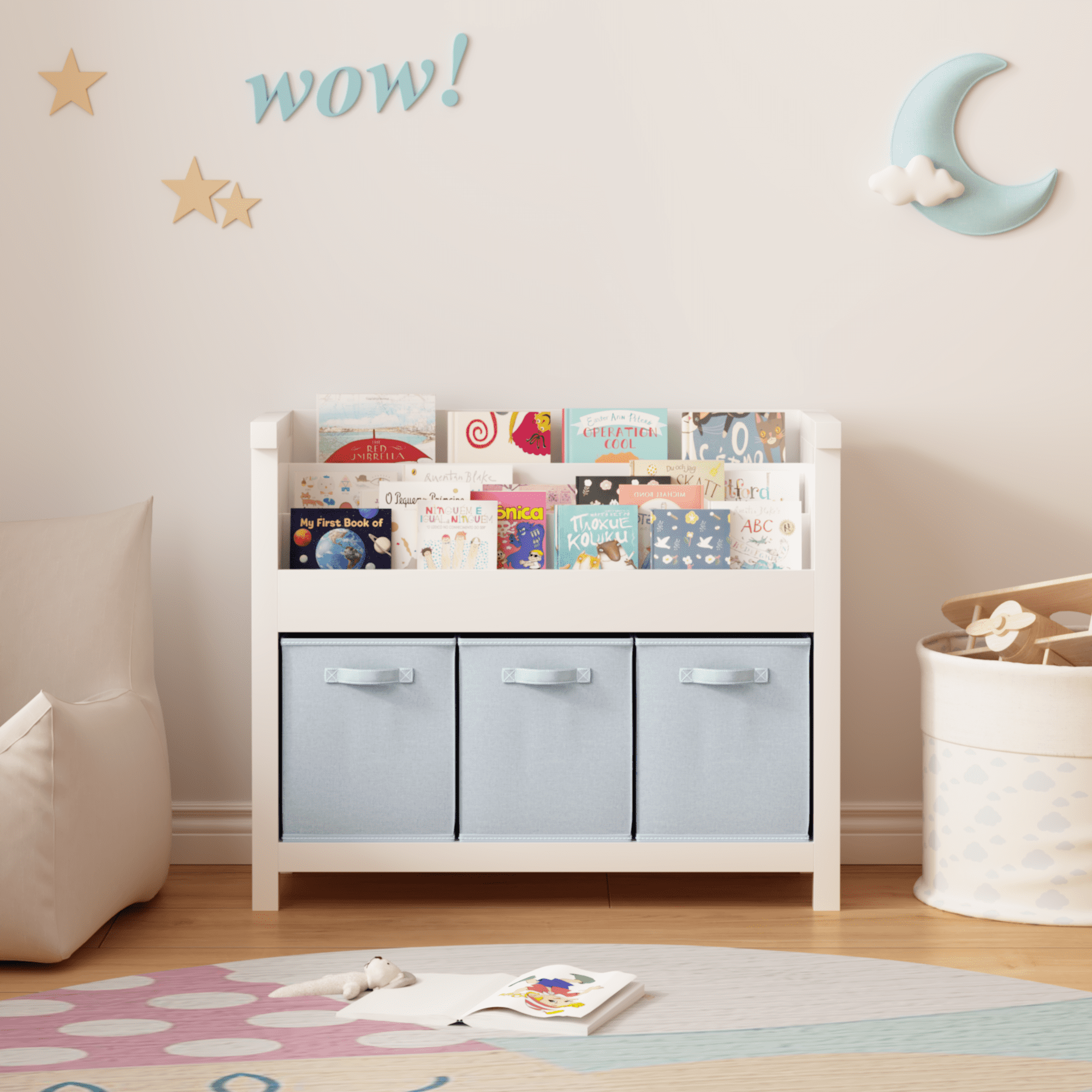 Wooden Kids Bookshelf with 3 Front-Facing Tiers and 3 Fabric Bins, MDF Book Organizer for Books Toys, Storage Bookcase for Playroom Nursery Bedroom