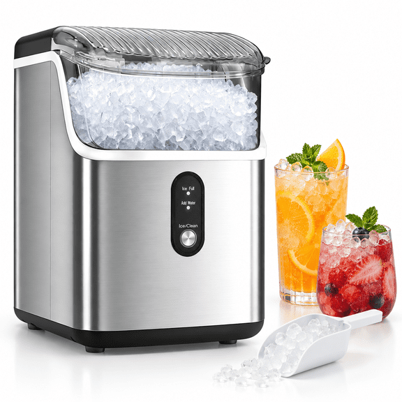 KNDKO Stainless Steel Countertop Nugget Ice Maker, 33 lb/Day Chewable Pellet Ice, About 7-Minute First Ice, 1.1L Tank, Self-Cleaning with Scoop