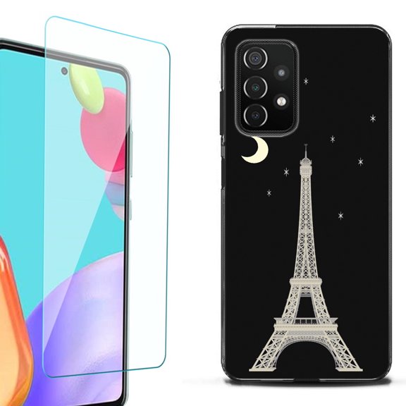 Slim-Fit Flexible TPU Gel Phone Case (black) for Samsung Galaxy A52 5G, with Tempered Glass Screen Protector, by OneToughShield ® - Eiffel Tower Moon